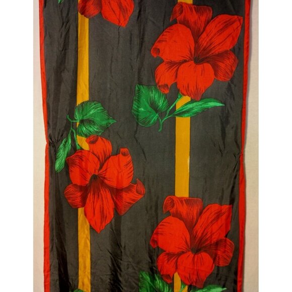 Golden Camel Silk Scarf Hand Rolled Black Red Floral Rectangle Fashion 16x58" - Picture 4 of 11